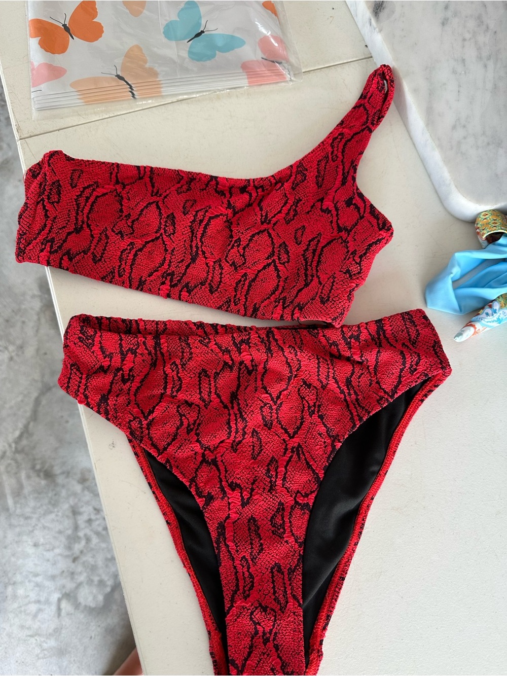 Nasty Gal Red and Black Snake-Print Bikini Set